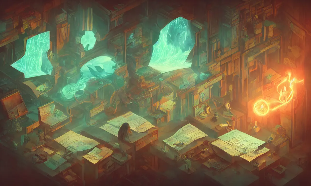 Image similar to workstations, kerberos realm, faked ticket close up, wizard reading a directory, nordic forest colors, 3 d art, digital illustration, perfect lighting