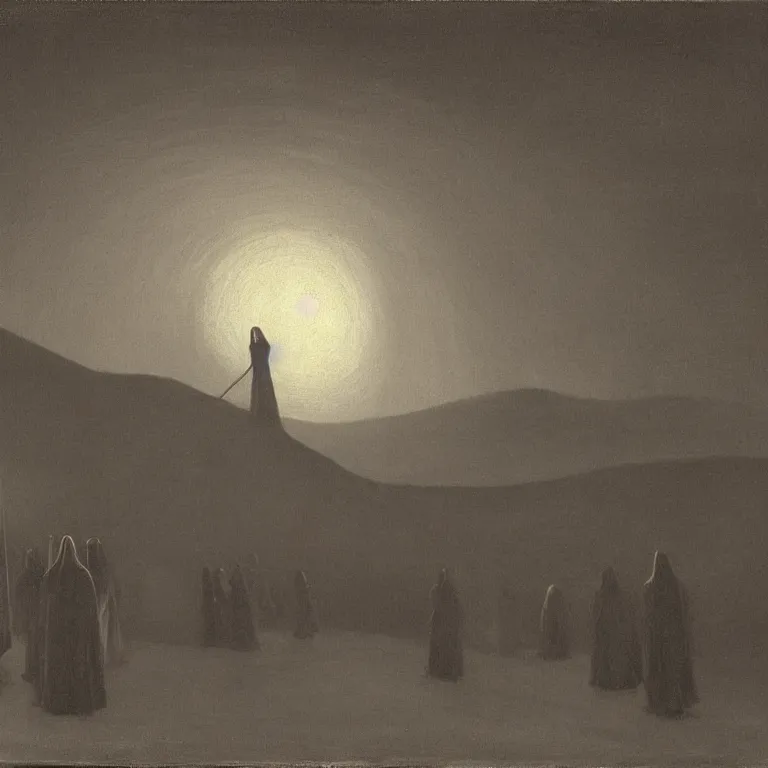 Image similar to A Holy Week procession of grim reapers in a lush Spanish landscape at night. A hooded figure at the front holds a cross. Carl Gustav Carus, Edward Hopper.