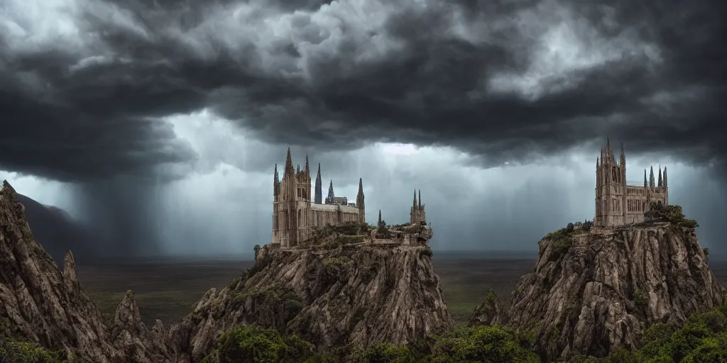 Image similar to dramatic film still of a cathedral by denis villeneuve, gothic architecture, top of a canyon, vultures, 24mm angle, studio ghibli and eddie mendoza, atmospheric, stormy, dramatic skies, moody, dark, cinematic, volumetric lighting, 8K