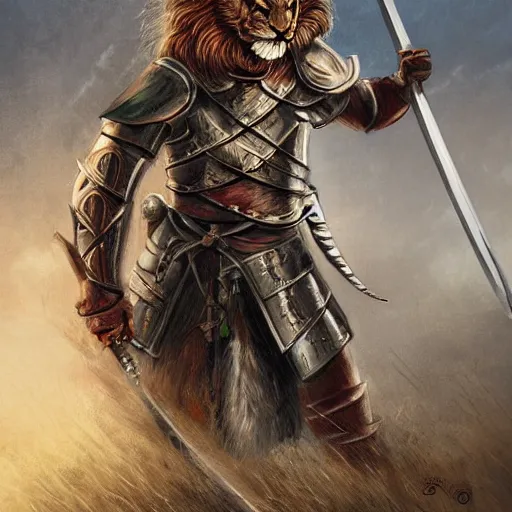 Image similar to Lion knight in medieval gear fighting with a sword, fantasy, digital art, realistic, artstation, detailed