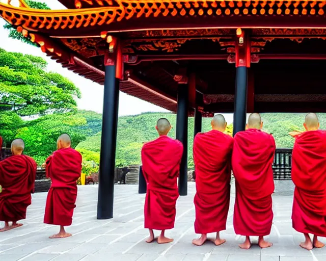 Image similar to a hyperrealistic scenery of 6 monks meditating in front of pagoda temple, extreme wide shot