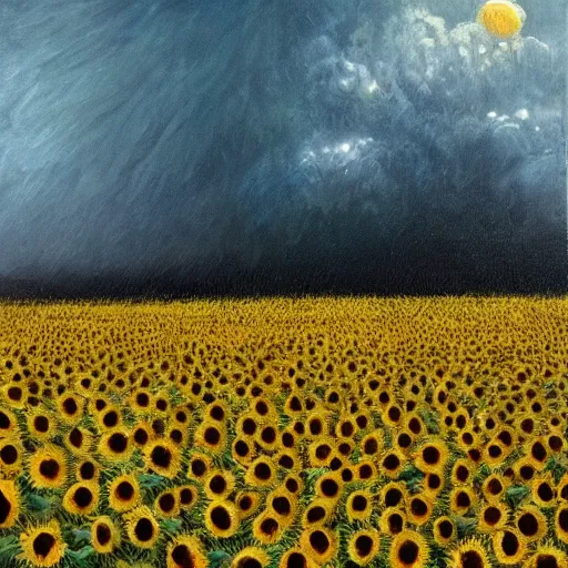 Image similar to a girl slowly walking through amazing tall sunflower field, hair flowing, early morning lightning, bad weather approaching, elegant, subtle, intricate details, real masterpiece, oil on canvas, by somsak anong