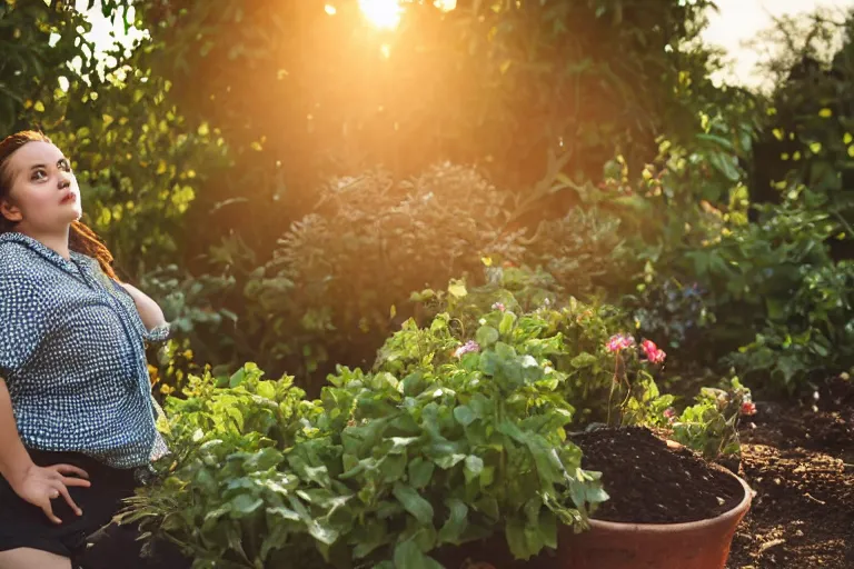 Image similar to a beautiful young brunette, slightly overweight, working in the garden at golden hour, dutch angle, 8k