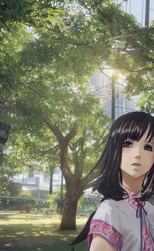 Image similar to anime style, gta 5, portrait of girl, yukata clothing, sakura tree in background, short hair, hair down, symmetrical facial features, from arknights, hyper realistic, extreme detail, volumetric lights, 4 k drawing, safebooru, realistic lighting, by alphonse mucha, greg rutkowski, sharp focus, backlit