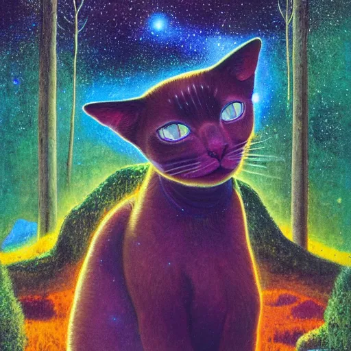 Image similar to psychedelic amber eyes cat eyes lush pine forest, outer space, milky way, designed by arnold bocklin, jules bastien - lepage, tarsila do amaral, wayne barlowe and gustave baumann, cheval michael, trending on artstation, star, sharp focus, colorful refracted sparkles and lines, soft light, 8 k 4 k