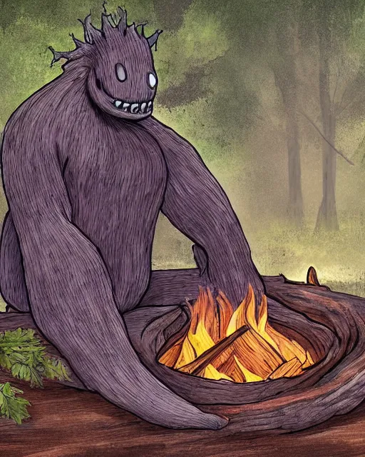 Prompt: a giant relaxed tree monster laying down in a firewood - fire, digital art, high detail