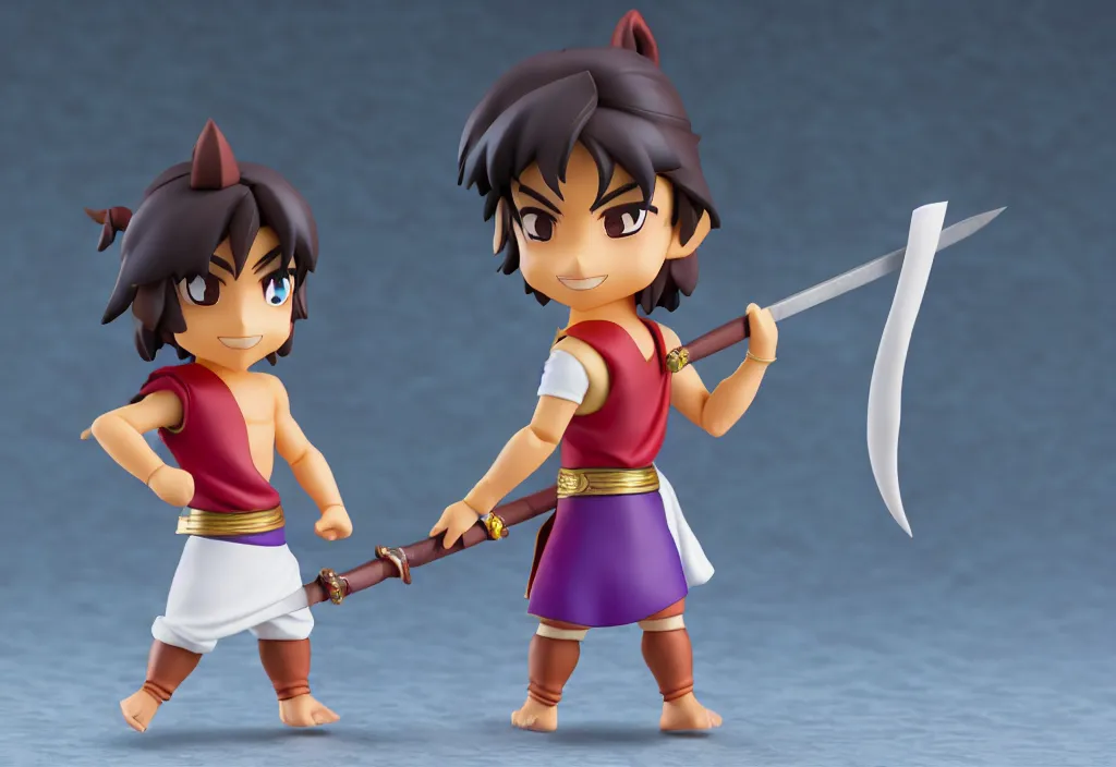 Image similar to side view of a walking young aladdin with arabian sword as nendoroid, 8 k, hd, dof, kodak film, volumetric lighting, subsurface scattering, photorealistic, octane render