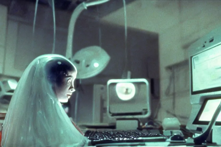 Image similar to alien using a computer to check her email submerged in translucent goo, over the shoulder perspective, in 1 9 8 5, y 2 k cybercore pinkcore, industrial low - light photography, still from a kiyoshi kurosawa movie