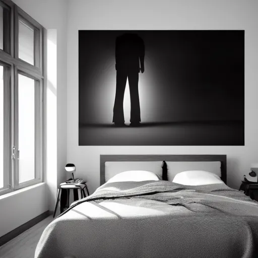 Image similar to hyper realistic photo of a room, with a tall black silhouette of a person, standing in front of a person sleeping in bed, at night