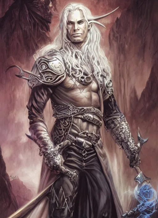 Prompt: a fantasy comic book style portrait of drizzt do'urden, oil painting by boris vallejo and julie bell and luis royo, full body portrait, hyper realistic, hd, intricate, elegant, character design, concept art, cinematic lighting