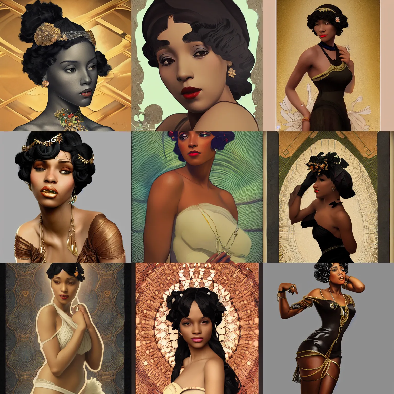 Prompt: a beautiful black female flapper wear, as seen on artgerm, octane render, in the style of alphonse mucha, ultra realistic, highly detailed, 8 k