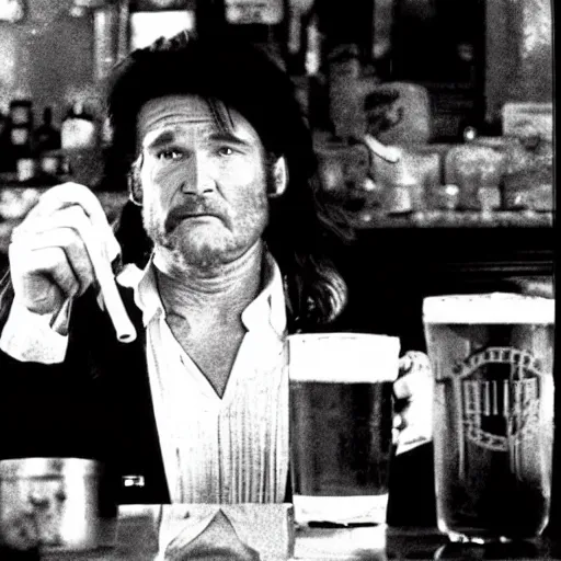 Prompt: deleted scene from Big trouble in little China, Jack Burton drinking beer, Chinatown bar, amazing shot, 1987