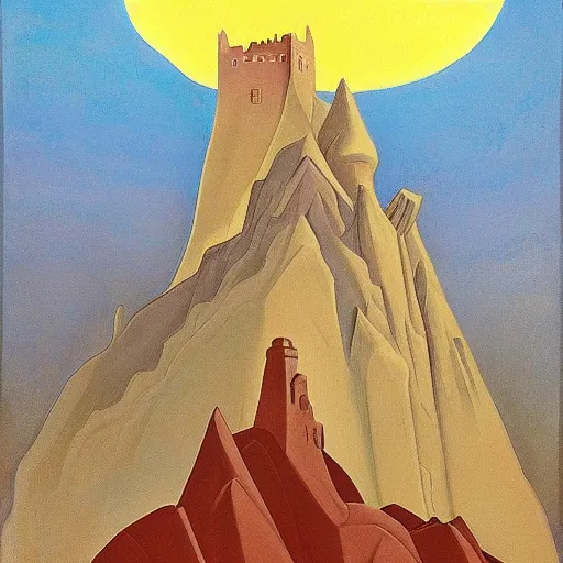 Image similar to A castle in the mountains by Nicholas Roerich, by Georgia o Keeffe