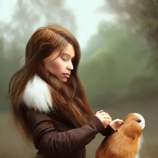 Image similar to Caucasian white girl from Australia, wearing eyeliner, holding her dark brown guinea pig, out in the wilderness at morning, trending on artstation, artstationHQ, artstationHD, photorealistic imagery.