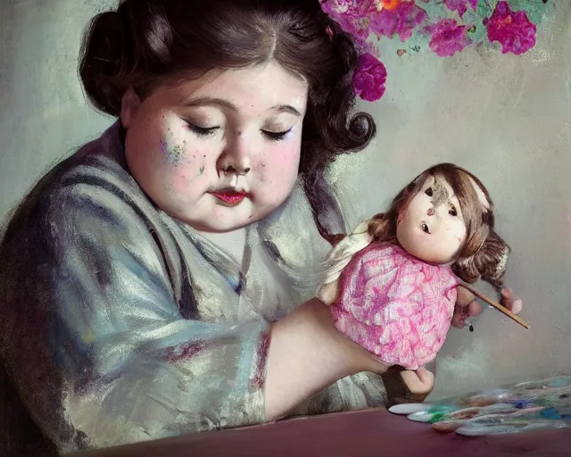 Prompt: very stylized old photo portrait of a fat sweet little girl painting a doll on the wall, full body. long shot. beautiful hands, flowery cloth. subsurface scattering shiny skin. beautiful lighting, 4 k post - processing, trending in art station, cg society, highly detailed, 5 k extremely detailed, 3 d. cinematic scene. sharp details. bokeh