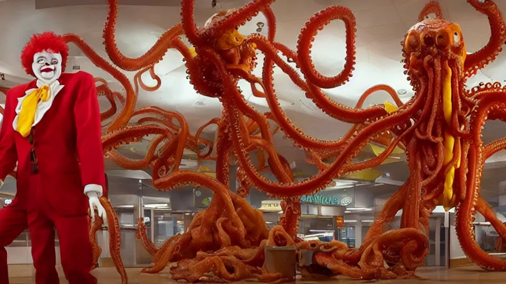 Image similar to ronald mcdonald, mixed with an eldritch horror monster, with mechanical tentacles, in a mcdonalds lobby, film still from the movie directed by denis villeneuve with art direction by salvador dali