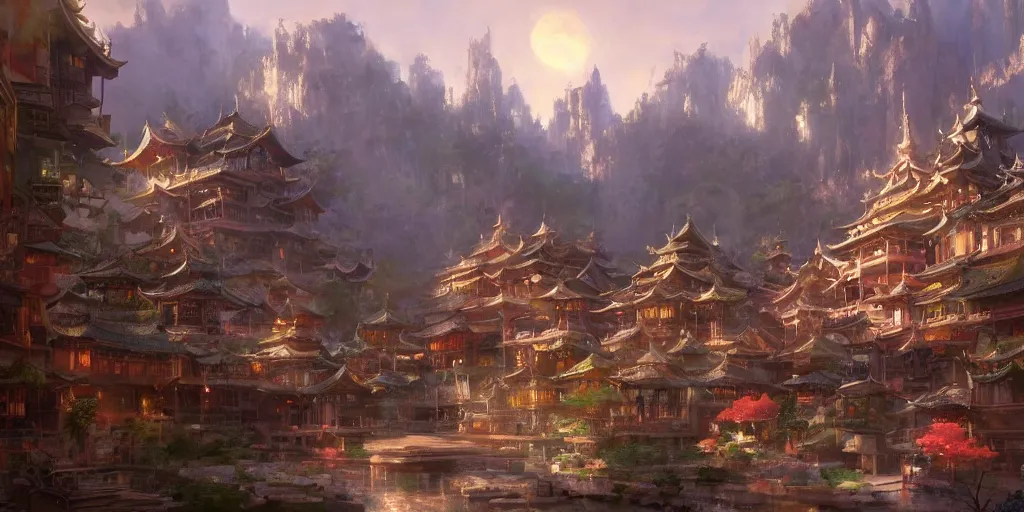 Prompt: A beautiful painting of a fantasy asian town, by Craig Mullins and Fred church, hd, wide angle lens, cinematic, very detailed, Trending on artstation.