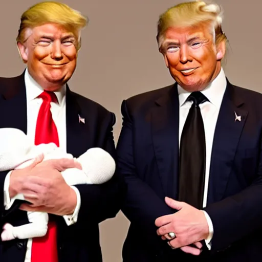 Prompt: a picture of donald trump and elon musk holding a baby