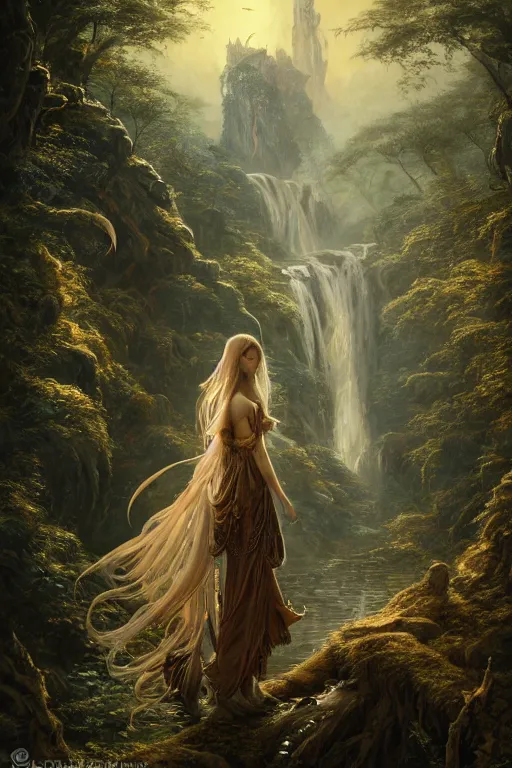 Image similar to detailed intricate digital illustration by greg rutkowski and david friedrich and ruan jia and fenghua zhong and steven belledi ; portrait of fairy girl standing in gothic fantasy valley and waterfall faerie fey unseelie in background ; 1 3 mm film, arri alfa anamorphic lens ; sharp focus, golden hour, fireflies ; trending on artstation 8 k closeup