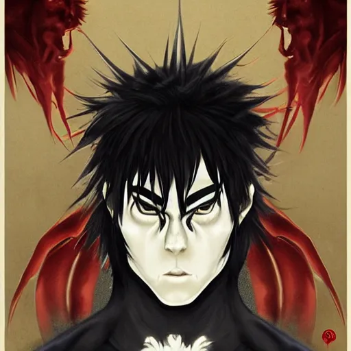 Image similar to demon martial artist, handsome japanese demon boy, young adult yokai with long spiky black hair, vampire, vantablack gi, simple clothes, ultra realistic, intricate details, highly detailed, subsurface scattering, photorealistic, octane render, 8 k, art by artgerm, greg rutkowski, magali villeneuve, alphonse mucha