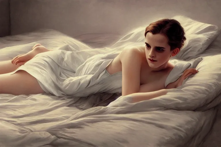 Image similar to Emma Watson lying on the bed in sleepwear, medium shot, intricate, elegant, highly detailed, digital painting, volumetric light, artstation, concept art, smooth, sharp focus, illustration, art by Gil Elvgren and Greg Rutkowski and Alphonse Mucha, 8K