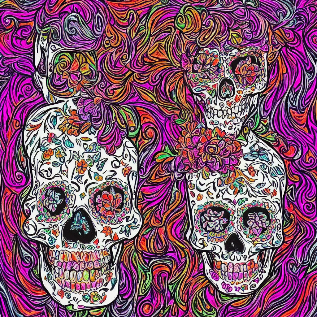 Image similar to Dia de Los Muertos sugar skull in the style of Alex Grey