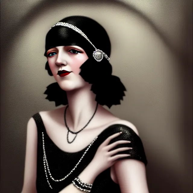 Prompt: 1 9 2 0 s woman in a flapper photo portrait, atmospheric lighting, painted, intricate, ultra detailed, well composed, best on artstation, cgsociety, epic, stunning, gorgeous, intricate detail, wow, masterpiece