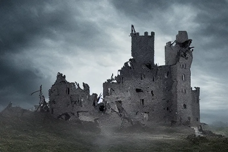 Prompt: The castle was ravaged by a tempest. Photo-realistic UHDR. SuperRes Sharpening. DoP.