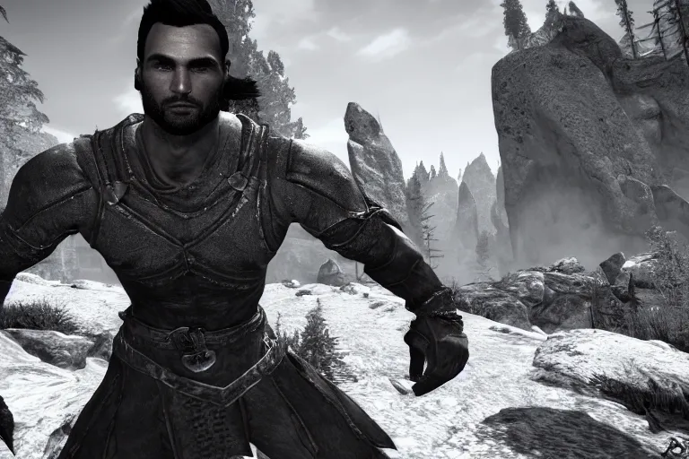 Prompt: gigachad in skyrim, ingame screenshot, black and white, high detailed