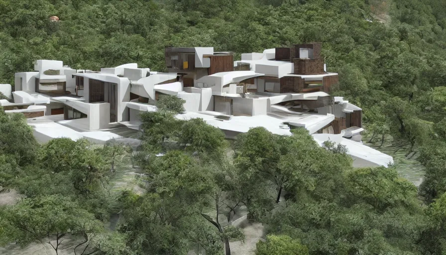 Prompt: residential villa inspired by tibetan architecture, on city, overlooking a valley with trees, frank lloyd wright, zaha hadid, le corbeusier, photorealistic, birds eye view