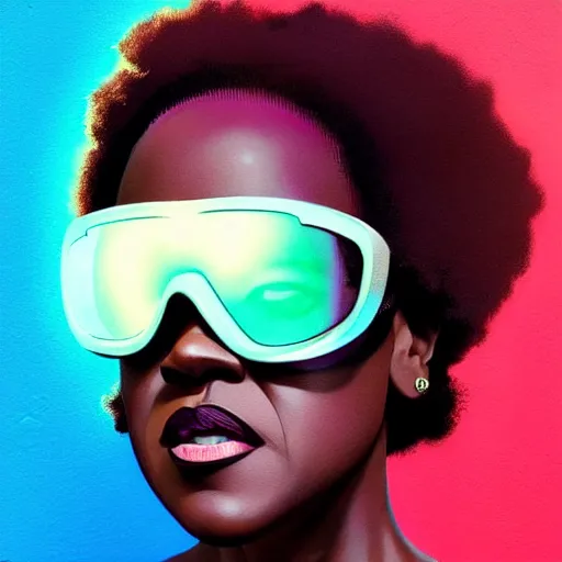 Prompt: viola davis wearing opaque reflective goggles profile picture by Greg Rutkowski, brown skin, long afro hair, asymmetrical, futuristic, neon volumetric lights, cool colors, streetwear, studio ghibli, Organic Painting , Matte Painting, geometric shapes, hard edges, street art, trending on the artstation, fantasy LUT, realistic by Sachin Teng + Martin Grip + Moebius, techwear, Industrial Scifi, detailed illustration, character portrait,