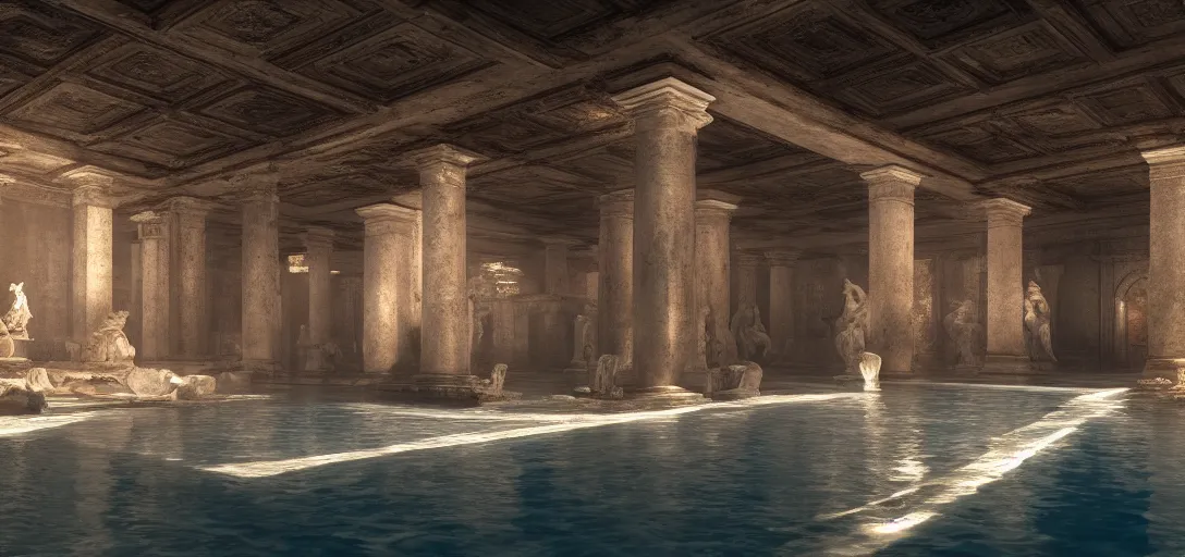 Image similar to dramatic photo of underground roman interior, ambient occlusion, glowing pool of water, ancient marble statues, raytracing, unreal engine, dramatic lighting, detailed,, global illumination, god rays, 3 d artstation by greg rutowski and jessica rossier