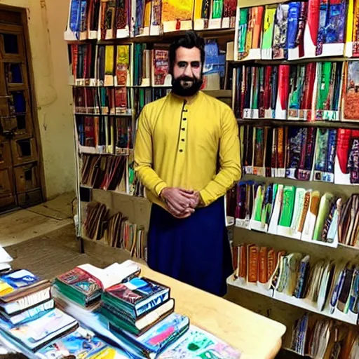 Image similar to Italian/Irish guy in kurta as a cashier in the bookstore at a Hindu ashram