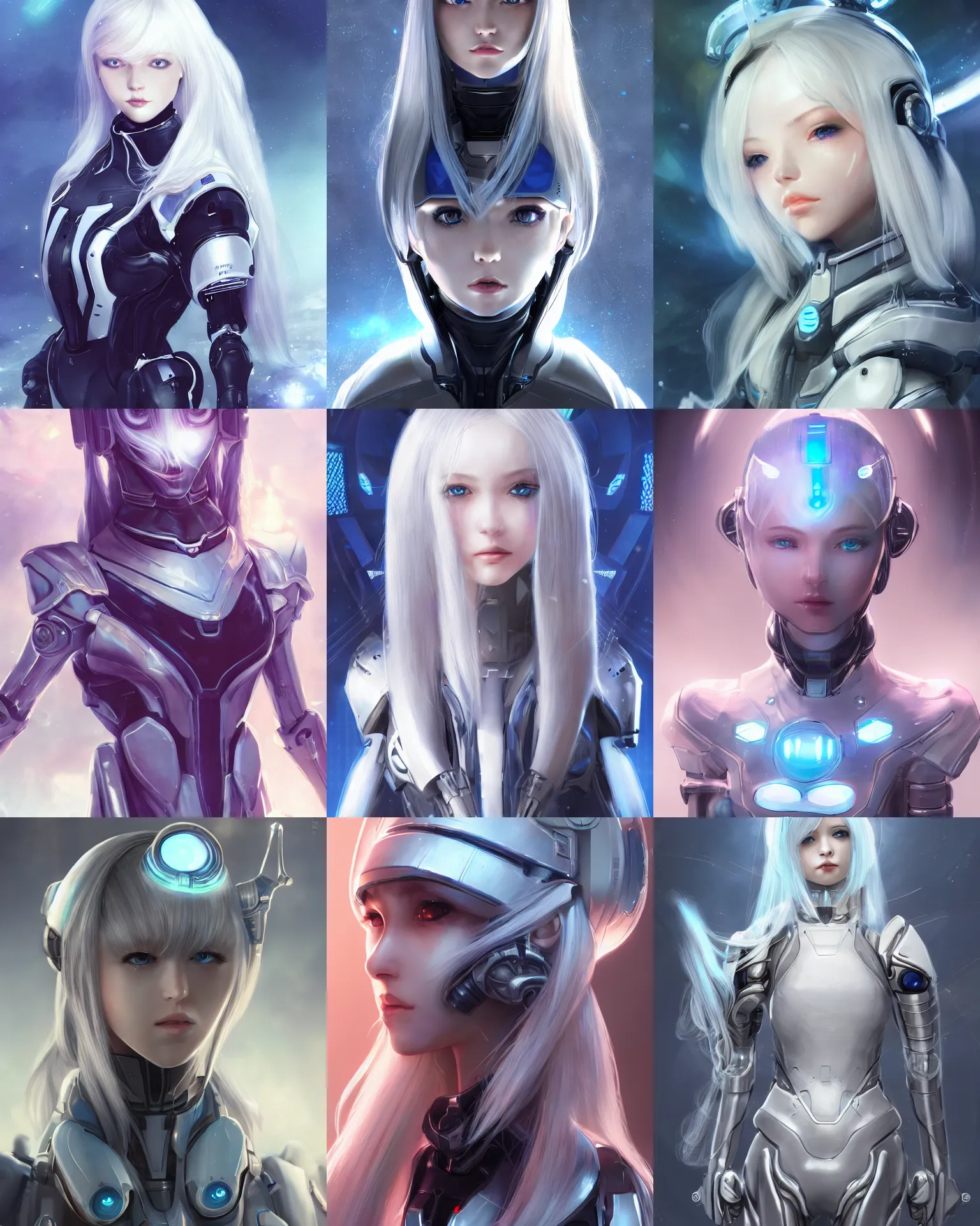 Prompt: perfect android girl, warframe armor, beautiful face, scifi, futuristic, space station, laboratory, kwak ji young, dreamy, long white hair, blue cyborg eyes, cinematic lighting, innocent, highly detailed, sharp focus, smooth, artstation, intricate, award winning, pure aura, divine, by akihiko yoshida