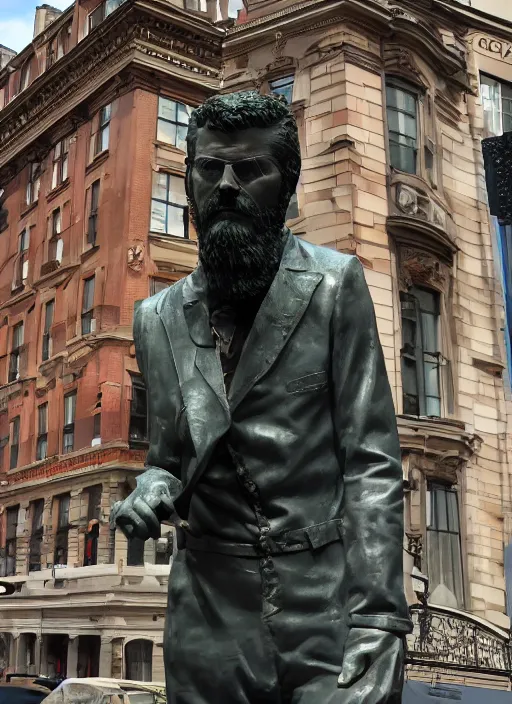 Prompt: Gavin McInnes sculpted by Michaelangelo, sigma male, behind him is an artwork of New York city, cinematic, award winning