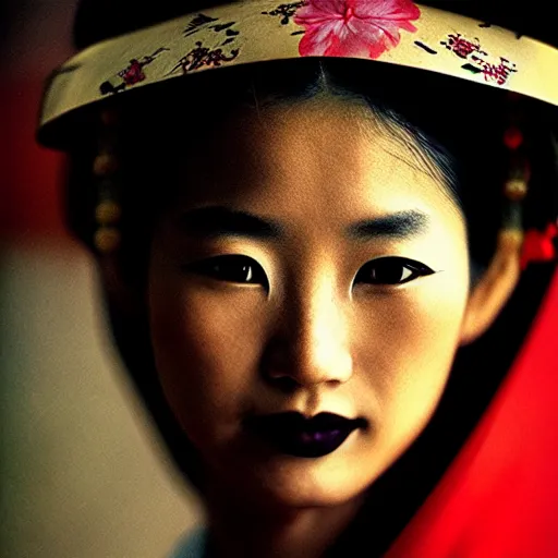 Prompt: portrait of a beautiful geisha, photograph by steve mccurry