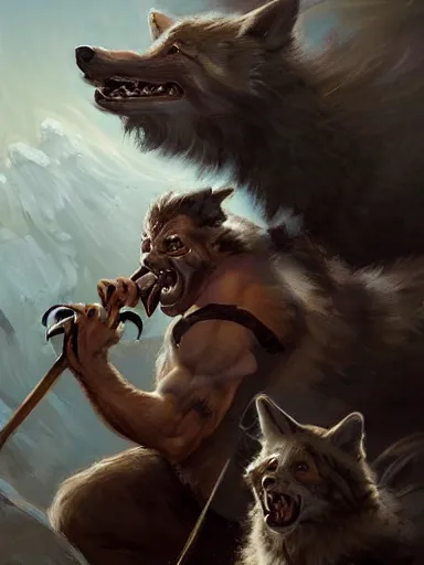 Image similar to a screaming man holding a quartestaff. surrounded by a pack of wolves. intricate, elegant, highly detailed, digital painting, artstation, concept art, sharp focus, illustration, by justin gerard and artgerm, 8 k