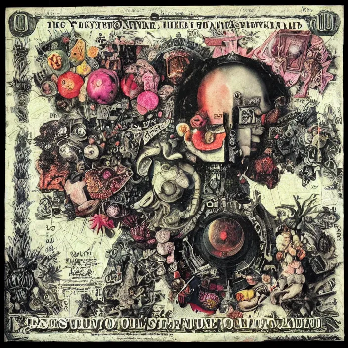 Image similar to post - punk new age album cover, asymmetrical design, dollar bank notes, capitalism, magic, apocalypse, psychedelic, black white pink, highly detailed, magic, giger h. r., giuseppe arcimboldo