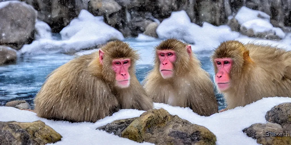 Prompt: snow monkeys at the mountain spa, by Steve Henderson