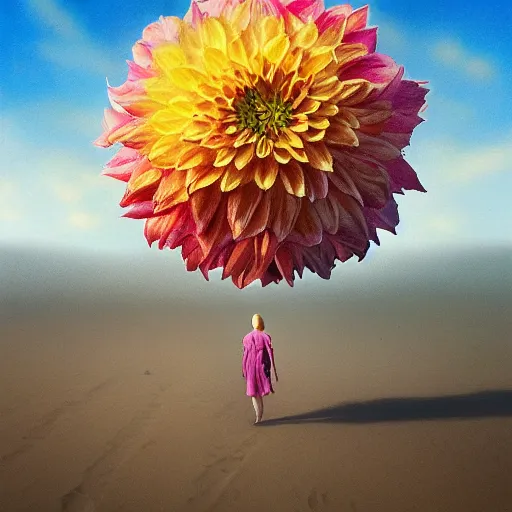 Image similar to closeup giant dahlia flower replacing head, a girl walking between dunes, surreal photography, sunrise, blue sky, dramatic light, impressionist painting, digital painting, artstation, simon stalenhag