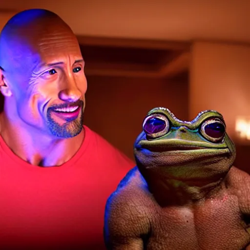 Image similar to Dwayne Johnson and Pepe the Frog having a drink in a nighttime hotel, realistic, hyperreal, beautiful lighting, masterpiece, wide angle, photorealistic