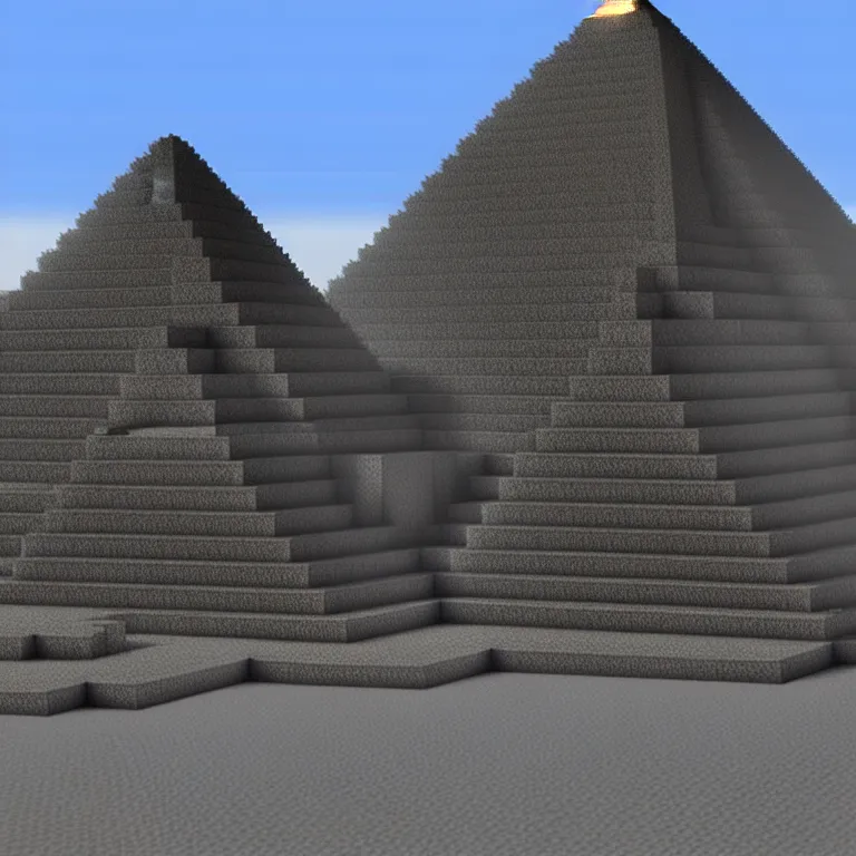 Prompt: A pyramid of gizah in minecraft style. Straight lines, corners, high detailed, details, ultra realistic, photorealism, 8k, wide shot, symmetrical, render, brutalism, rays of light, architecture, volumetric lighting, cinematic, shadows