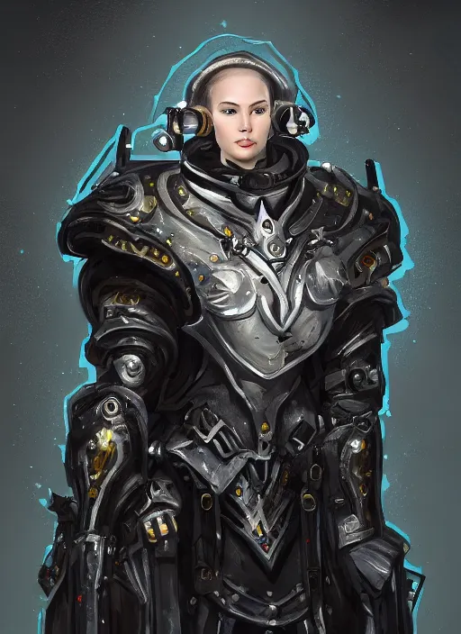 Image similar to of a hyper realistic proportional stylization portrait of a techpunkk war cleric in a futuristic pearl armor, dark gloomy environment two moons