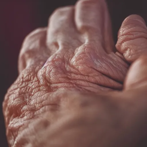 Image similar to closeup photograph of an old, wrinkled hand. Macro details. Shallow depth of field. Strong keylight.