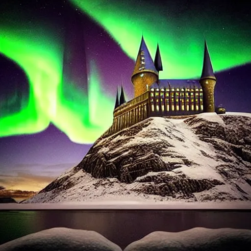 Image similar to “Hogwarts School of Witchcraft and Wizardry with the norther lights in the background. 4k, 8k, unreal 5, very detailed, hyper control-realism,.”