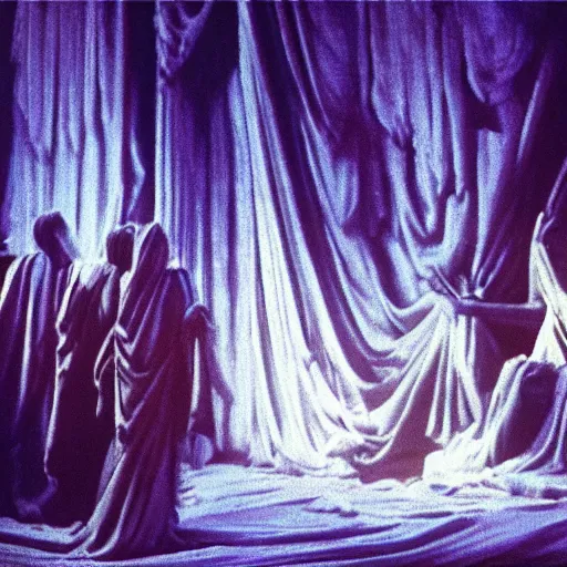 Prompt: cinematic still of the ark of the covenant, background is curtain of blue, purple and scarlet yarn and finely twisted linen with cherubim woven, Biblical epic movie directed by Steven Spielberg