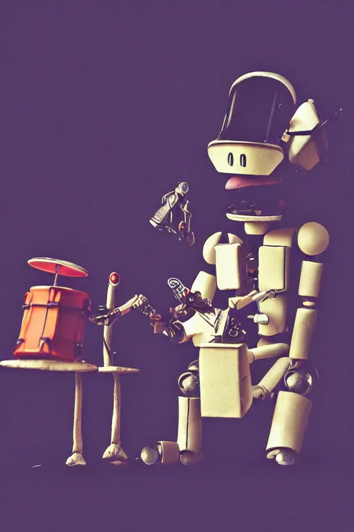 Image similar to a beautiful cinematic photo shot of a couple of threea toys figurines by ashley wood, world war one robot squids playing drums and electric guitar, black background, concert light, dark mood