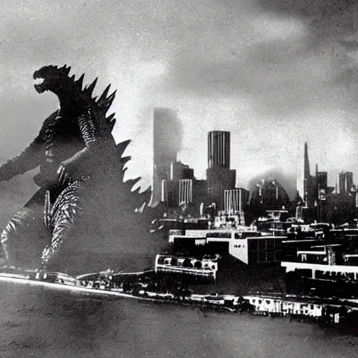 Image similar to godzilla attacking albany, old movie