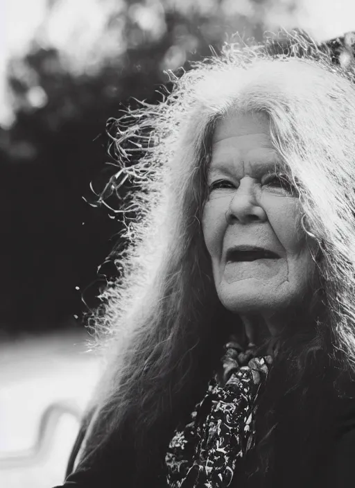 Image similar to DSLR photo portrait still of 77 year old age 77 Janis Joplin at age 77!!!, 85mm f1.8