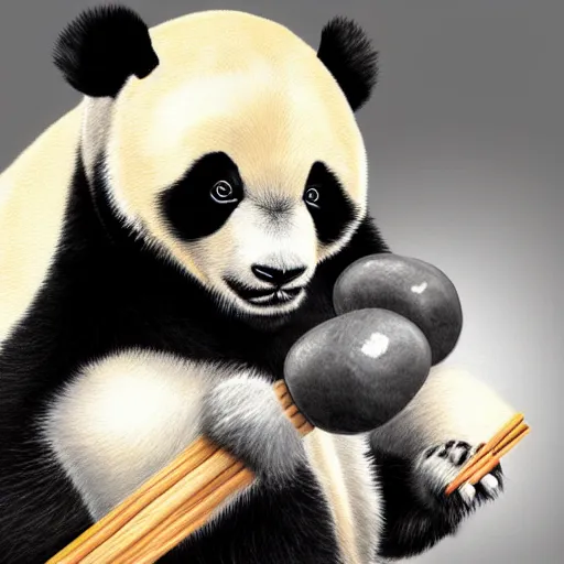 Prompt: a funny picture of a bodybuilder panda eating a bamboo, curling weights, digital art, high quality, detailed, artstation